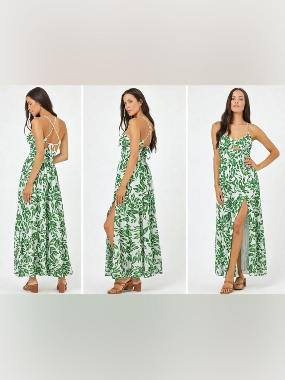 Lspace Leaf Calla Cut Out Maxi Dress Green White Tropical Smocked Slit Boho